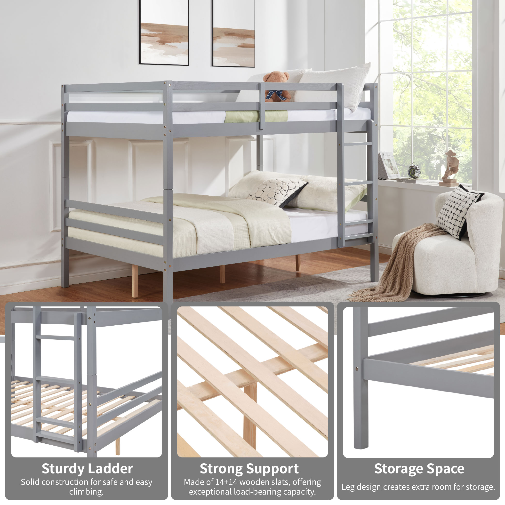 Full over Full Bunk Bed with Ladder,Wooden Bunk Bed with High Guardrail and Ladder for Kids, Teens, Dorm Rooms, and Guest Rooms,No Box Spring Needed,Grey Full over Full Bunk Bed with Ladder,Wooden Bunk Bed with High Guardrail and Ladder for Kids, Teens, Dorm Rooms, and Guest Rooms,No Box Spring Needed,Grey
